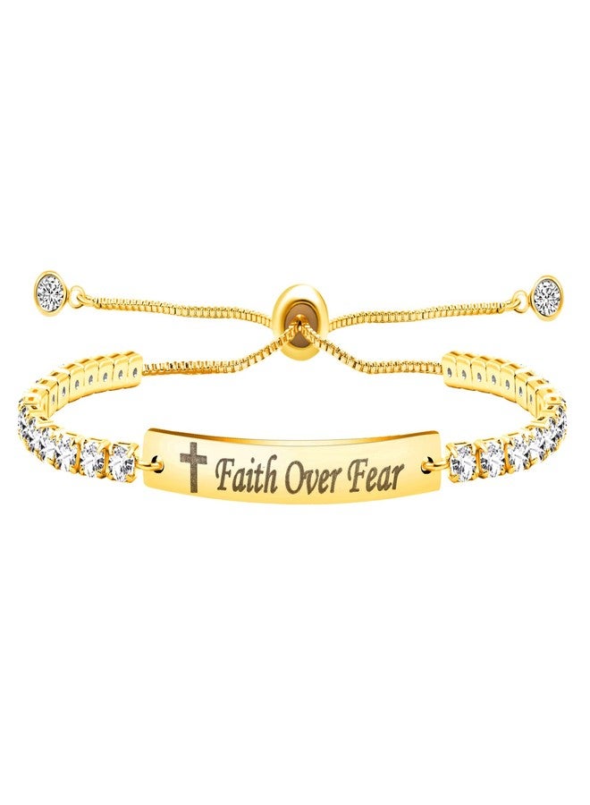 Tobestu Stainless Steel Plate Engraved Cross and Faith Over Fear Tennis Bracelet with Adjustable Bolo Clasp - Gold Plated Inspirational Religious Jewelry Y4390 - Image 1